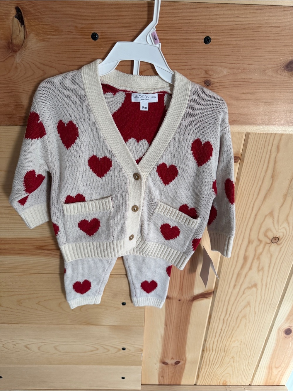 Kids Cream Cardigan & Red Heart Knit Matching Set